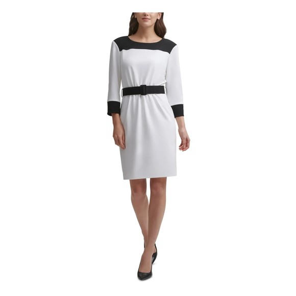 Calvin Klein Dresses & Skirts - Calvin Klein Black and White 3/4 Sleeve Dress Women 6 Knee Length Belted Sheath